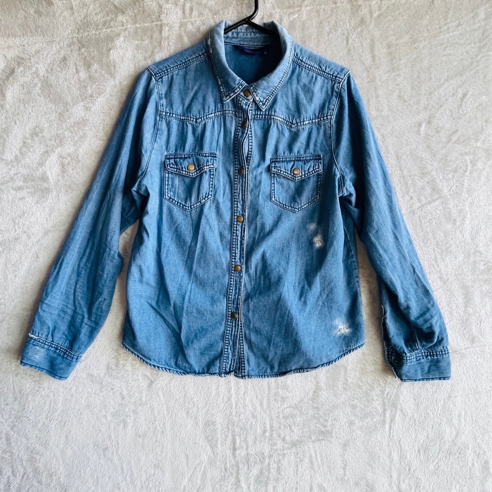 Miley Cyrus Max Azria Denim Shirt Womens XL Indigo Western Distressed MM558000